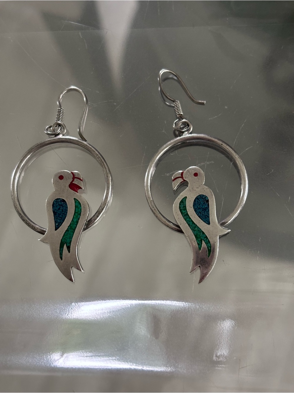 Vintage Mexican 925 Sterling Silver Earrings - Parrots 🦜 on Hoops
